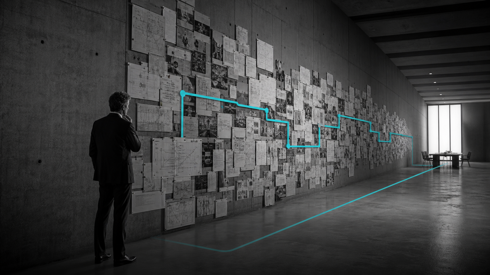 A decision-maker following a cyan route through fragmented technical knowledge toward a clear business conversation